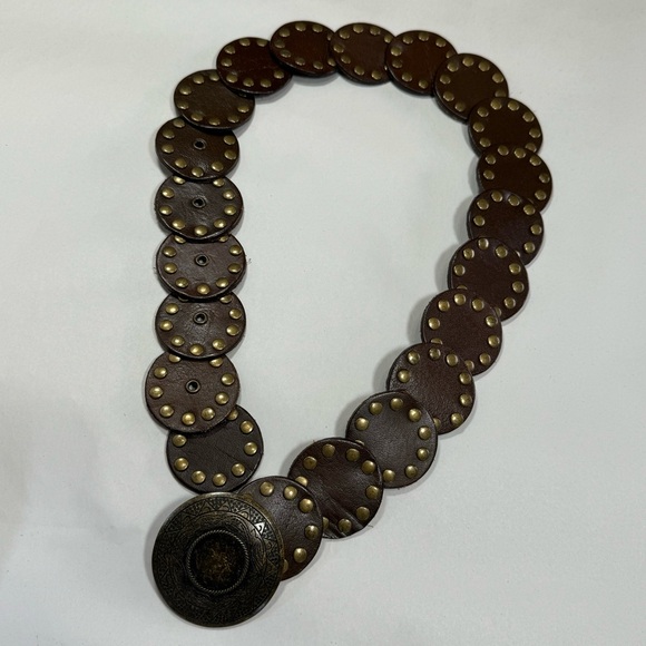 Vintage Boho Brown Genuine Leather Brass Studded Statement Belt Size Small main image 5